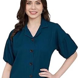 Women Cotton Blend Striped Pattern V-Collar Half Sleeve Stylish Boxy Shirt (1621)-image-51