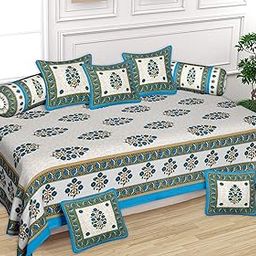 SkyKross - Everyday A New Thing Diwan Set 8 Pieces Block Print Pure & Soft Cotton Diwan Cover Set (1 Bedsheet, 2 Bolster Cover, 5 Cushion Cover) (Blue)-image-58