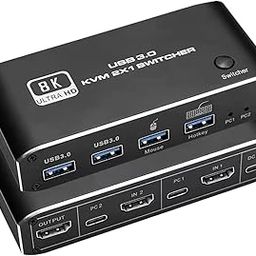 Etzin 2 Port HDMI 2.1 KVM Switch 8K@60Hz 4K@120Hz KVM Switcher with 4 USB 3.0 Hub for 2 Computers Share Keyboard Mouse Printer and one HD Monitor with 2 Pcs USB-C Cable-(EPL-551H)-2