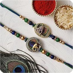 eCraftIndia Green & Golden Set of 2 Shri Krishna and Radha Krishna Playing Flute Designer Religious Rakhis with Roli Chawal Pack - Rakhi for Brother, Bhaiya, Bhai-image-28