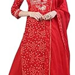 Women's Pure Cotton Embroidered Gotta Patti Red Bandhani Print Straight Kurta suit set With Dupatta & Sharara-image-1