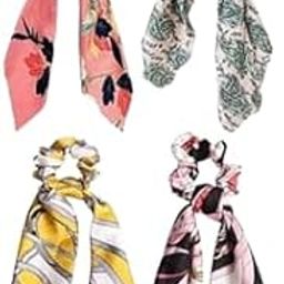 Ribbon Hair Band For Girls Bow Knot Scrunchy Printed Floral Colourful Rubber Bands Ribbon Hair Band Elastic Hair Scarf Hair Ties Bands For Girls Set Of 4pcs-image-26
