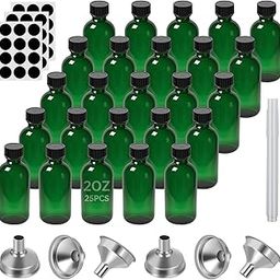 REUJIHXY Green 2 oz Glass Boston Bottles with Black Poly Cone Cap, 60ML Round Glass Bottle for Essential Oil, Perfume and Liquid Boston Round Bottles - UV Rays Protection (25)-image-0