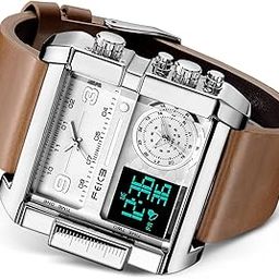 Digital LED Analog Quartz Wristwatch Business Men's Watch with Multifunction Square Chronograph 24 Hour Calendar Leather Strap Unique FK030Pro Large Dial Watch New Upgrade-image-17