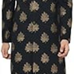 Men's Indo-Western Sherwani Dhoti Set, Black Cotton Blend, Foil Print Regular Fit Mandarin Collar Long Sleeves-image-31
