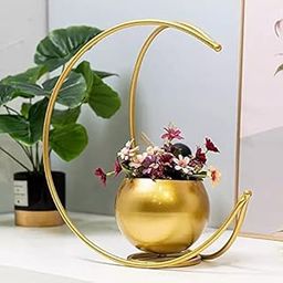 Metal Flower Vase with Gold Finish | Geometric Half Moon Design Flower Pot Stand | Table Top Decorative Flower Pot | Gold Metal Flower Vase for Home and Office Side Table Decoration-image-95