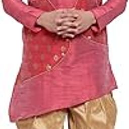 Men New Look Slant Slit Silk Asymmetric Kurta with Jacquard Jacket Patch Trendy Design & Alladin Pant Salwar Dhoti Set-image-2
