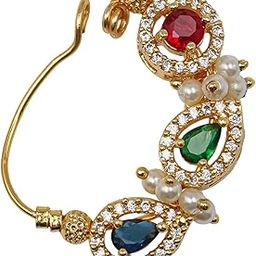 Shree Art Maharashtrian Nath, Traditional Clip-On Nose Ring, Red-Green-Blue Stones with Pearl Accents, Gold-Plated-image-74