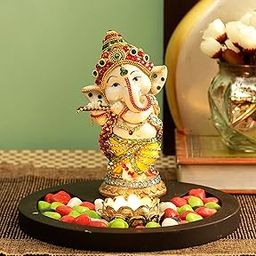 TIED RIBBONS Ganesha Idol Playing Bansuri with Wooden Flower Tealight Candle Holder Statue Showpiece - Decoration Items for Home Decor Mandir Living Room Pooja Room Office Table Gifts-image-91