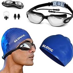 Slovic Swimming Goggles & Cap Combo | Anti-Fog Swimming Goggles for Men | Swimming Cap for Men | UV Protected Swimming Goggles for Women with Adjustable Straps | Swimming Accessories [Dark Blue]-image-12
