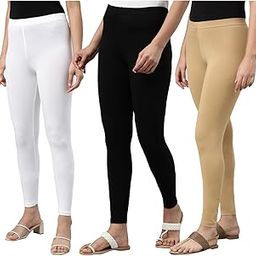 Women's Ankle Length Fitted Leggings | Solid | Mid Rise | Pack Of 3 (Black/White/Wheat), Large-image-28