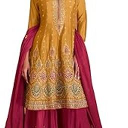 Women's Golden Yellow and Pink Color Readymade Chinon Embroidered Kurta Palazzo Set With Embroidered Dupatta (ME-1136-Yellow)-image-76