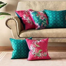 India Circus by Krsnaa Mehta Crescent Roses 16" x 16" Polyester Crepe Multicolor Printed Decorative Pillow Cover for Couch Sofa, Bed Cushion Cover Set of 5 (16 x 16 Inches)-image-64