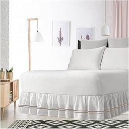 2 Line Embroidered Beige Color on White Fabric Ruffle Bed Skirt 20 Inches Drop 600 Thread Count Egyptian Cotton Double Bed Bed Size-70