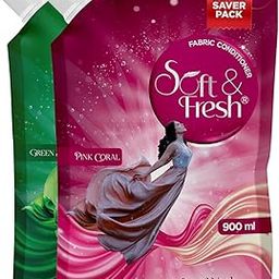 Soft & Fresh combo Pack of Green Jade & Pink Coral 2X900ml, best fabric conditioner softener increase freshness and softness 900ml refill pouch Pack of 2-image-21