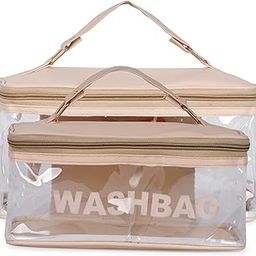Set of 2 Transparent PVC Travel Toiletry Wash Bags with Zipper Closure and Carrying Handles | Waterproof Cosmetic Organizer Pouch (Off White)-image-65