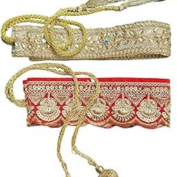 Combo of Two Beautiful Traditional Gold and Red Adjustable Fabric Waist belt and Chain for Women and Girls-5