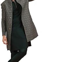 Men Grey Jacquard Kurta Indowestern Sherwani Churidar Set with Floral-picture-30