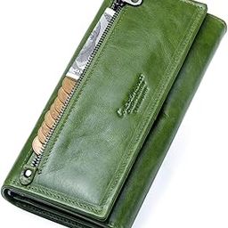 Genuine Leather Wallets Women Card Coin Holder Large Capacity Bifold Zipper Long Clutch Purse Wallet with ID Window Green-14