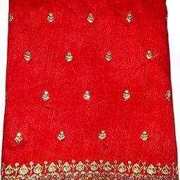 Red Raw Silk Fabric with Gold Embroidered Border, Traditional Blouse Material-23
