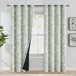 BFAM Floral Print 100% Blackout Curtain with Black Linning at Back, Floral Print Curtains for Living Room/Bedroom Thermal Insulated Energy Saving, Green Flower, 5FT, Set of 1-image-66