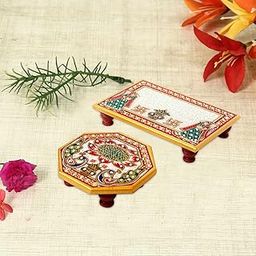Handicrafts Paradise (6 x 4 & 4 x 4 inch, Set of 2Pc) Marble Rectangle and Octagonal Pooja Chowki for Mandir Idols Statues Pratima, Bajot for God, Home Mandir, Home Décor Showpiece-31