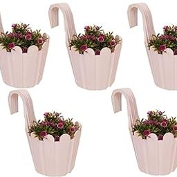 OSHIGREENS Hanging Planter For Indoor Or Outdoor Plants Hanging Flower Pot 8 Inches Diameter Balcony Railing Fence Plant Container For Outdoor Garden Use (Pack Of 5) White Color-image-20