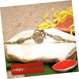 eCraftIndia Golden Beads, Om Symbol Religious Designer Rakhi with Roli Chawal Pack and Happy Rakhi Wooden Cutout - Rakhi for Brother, Bhaiya, Bhai-image-67