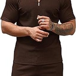 Men's Polo Shirt and Shorts Set | Summer Fashion Short Sleeve Solid Zipper 2 Pieces Outfits for Men-image-71