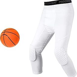 Basketball Compression Pants with Pads, White 3/4 Capri Compression Pants Padded, Basketball Tights Leggings for Men Women Boys Girls, Youth Knee Pads for Basketball Softball Volleyball Soccer (M)-image-10