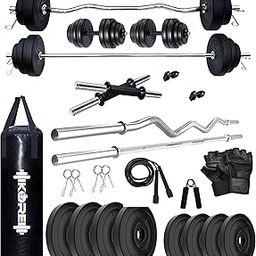 Kore PVC 20-50 Kg Home Gym Set with One Plain + One Curl and One Pair Dumbbell Rods with Gym Accessories and Punching Bag-image-57