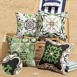 Phantoscope Set of 4 Outdoor Waterproof Throw Pillow Covers, Geometric, Decorative Boho Farmhouse Outdoor Pillows Cushion Case for Home Patio Furniture Tent Sunbrella, Black/Olive Green 18x18 Inches-image-46