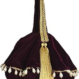 Ethnic Handbags for Women UFO Shape Red Wine Velvet Potli bags With Golden Moti Lace Work Strap Handcrafted Purses and Pouch for Ladies-image-60