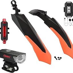 ABC AMOL BICYCLE COMPONENTS Bicycle Front & Rear Double Colour Mudguard with Iron Fitting + Cycle Waterproof USB Rechargeable Front Rear and Helmet Light (Orange)-image-78
