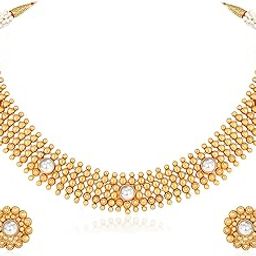 Gold Plated Synthetic Stone Studded Necklace & Stud Earrings Set Ethnic Fashion Jewellery for Women & Girls-picture-3