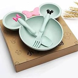 Dinner Plate for Kids, Mickey face Baby Training Cute Dinner Dish, Unbreakable Eco Friendly Dishwasher Safe Plate with 2 Spoon for Boys & Girls (Green Mickey)-image-83