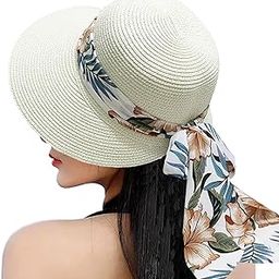 BCNJEPIN Summer Caps for Women, Sun Hats for Girls with Printed Ribbon, Girls Cap for Summer, Beach caps, Suitable for Gardening, Beach, Boating, Fishing Beige-image-2