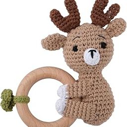 SECRET DESIRE Baby Teether Rattles for Toddlers Developmental Burr Free Wooden Shaker Rattle Hug elk|Teethers-18