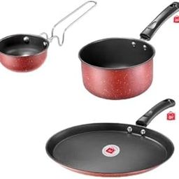 LAZYwindow Non-Stick Tadka Pan, Sauce Pan and Tawa Combo Set, Black with Maroon Base-image-12