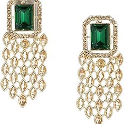 Gold Plated Indo Western Style Inspired Emerald and Rhinestones Embellished Green Stone Studded Dangle Earrings with Push Back Closure for Women and Girls| Gifting for Karwachauth |-44