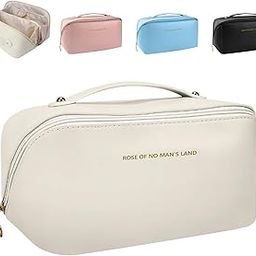 Women's Cosmetic Bag, Waterproof Leather Makeup Bag with Handle, Large Capacity Makeup Bag, Bathroom Organizer with Multiple Compartments, for Travel and Storage, White-image-18