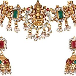 Latest Stylish Design Fancy Pearl Choker Traditional Temple Necklace Jewellery Set for Women (13873s) (Golden)-image-25