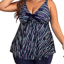 Plus Size Tankini Swimsuits for Women Flowy Bathing Suits with Shorts 2 Piece V Neck Swimwear, Blue Striped, 12 Plus-image-16