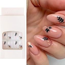 S.A.V.I 24 PCs Black Leaf Gold Foil Ink Design Easy DIY Manicure Fake Nails for Women - Ready to Use Nail Art Kit for Girls with Glue Included-15
