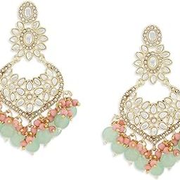 Green & Pink Cluster Beads Kundan Ethnic Dangle Yellow Gold Earring For Women-ZPFK13547-image-58