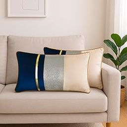 Caption Home Striped Decorative Velvet Cushion Cover Set of 2 (12 x 18 Inches) w/Faux Leather and Jacquard Combination | Stylish & Trendy Design (Blue)-image-27