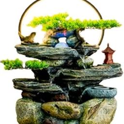 Royal Fountain Miniature Rock Style Indoor LED Water Fountain with Circular Ring Light, Cascading Waterfalls, Artificial Bonsai Tree & Pagoda for Home, Office and Meditation Decor (Pack of 1)-image-54