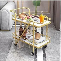 EXPRESSOW ENTERPRISES Marble Look Trolley Coffee Table with Metal Frame, 2-Tier Serving Cart or End Table with Open Storage Shelf for Home, Hotels and Restaurants (Sparky Gold)-image-21