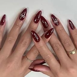 Nakhi 24 Reusable Artificial Fake Nail Set |Base maroon colour with White Bow Design Glossy Nails | Lightweight & Long Lasting| Quick Fix For Festivals & Special Occasions (maroon, Medium)-image-0