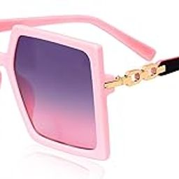 Oversized Square Sunglasses, Pink Frame, Purple-Pink Gradient Lenses, Gold Chain Detail, UV Protected Sun Shade For Women-picture-3
